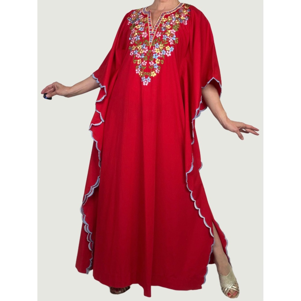 Vintage 60s 70s Red Floral Embroidered Kaftan Maxi Dress Scalloped Ruffle Caftan